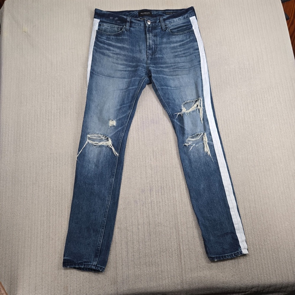 Pacsun Jeans Mens 32x34 Blue Denim Skinny Fit Tapered Leg Distressed Medium Wash